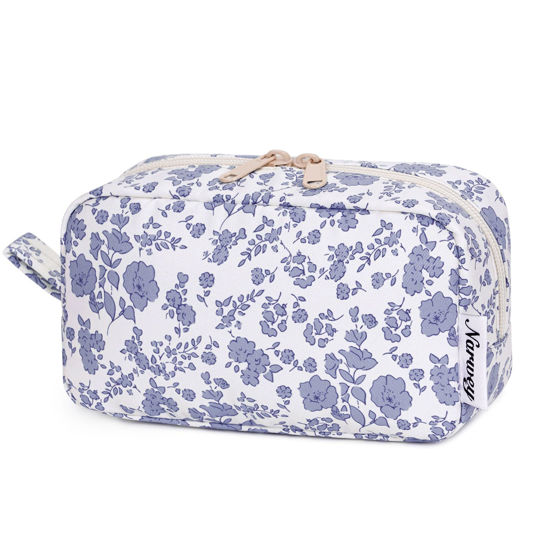 Picture of Narwey Small Makeup Bag for Purse Travel Makeup Pouch Mini Cosmetic Bag Zipper Pouch for Women (Little Grayish Blue Flower, Small)