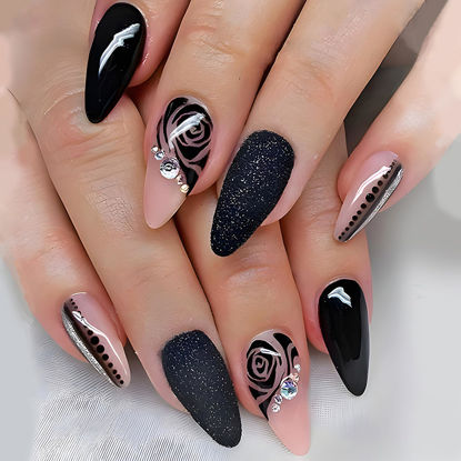 Picture of Black Rose Press on Nails Medium Almond Fake Nails Valentines False Nails with Black Glitter Rhinestones Designs Glossy Glue on Nails Reusable Stick on Nails for Coquette Women Girls 24 Pcs