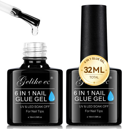 Picture of Gelike EC Gel Nail Glue UV Light: 2PCS 6 in 1 Adhesive Gel Nail Polish, Strong Nail Glue for Press On Nails Nails Acrylic Tips, Long Last Gel x Nail Kit Blooming Gel Gift for Home Salon DIY 32ML