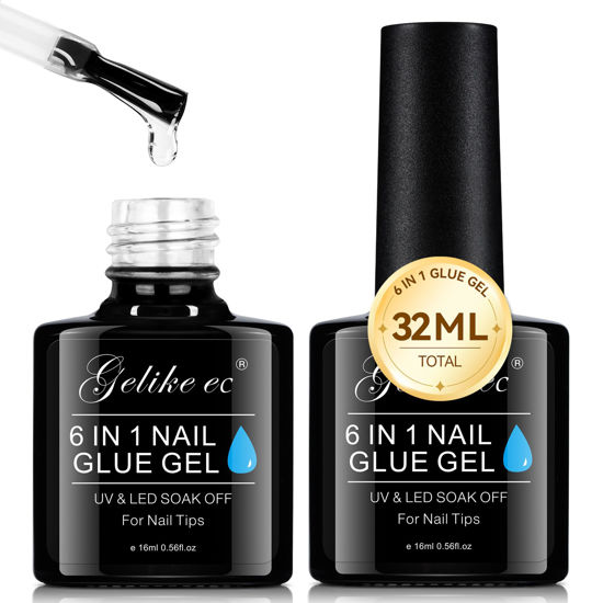 Picture of Gelike EC Gel Nail Glue UV Light: 2PCS 6 in 1 Adhesive Gel Nail Polish, Strong Nail Glue for Press On Nails Nails Acrylic Tips, Long Last Gel x Nail Kit Blooming Gel Gift for Home Salon DIY 32ML