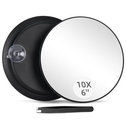 Picture of 10X Magnifying Mirror with 3 Suction Cups - 6'' Stick on Makeup Mirror with 10X Magnification, Magnified Makeup Mirror Portable Handheld Cosmetic Mirror and Tweezers Set for Travel, Makeup, Bathroom