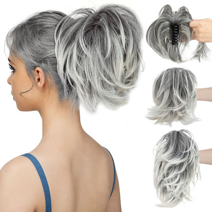 Picture of CJL HAIR Claw Clip Short Ponytail Hair Extensions DIY Bendable Metals Messy Bun Hair Piece for Wonen Straight Synthetic Fake Hairpieces Salt and Pepper