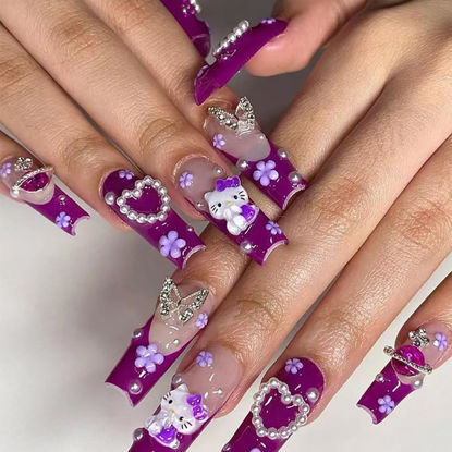 Picture of 24Pcs Purple Coffin Nails Press on Nails 3D Flowers Pearl Butterfly Nail Charms Design Fake Nails with Glue Purple Acrylic Nails Supply 3D Flowers Full Cover False Nails for Women and Girls