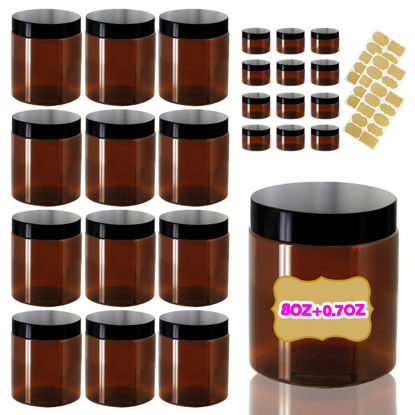 Picture of 8oz Amber Plastic Jars with Lids 8 oz Plastic Containers with Lids + 20g Sample Containers (Set of 24) Airtight Container for Lip Scrub, Body Butters, Cream, Slime, Craft Storage