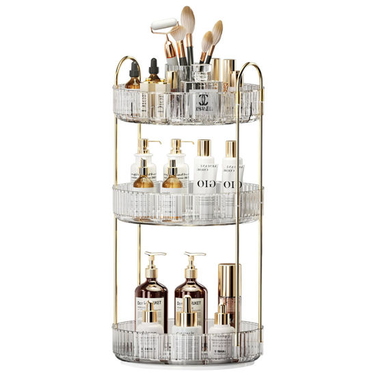 Picture of 360° Rotating Makeup Organizer, Large-Capacity Skincare Make Up Storage 3 Tier Perfume Organizers Cosmetic Dresser Organizer with Makeup Brush Holder, Fits Bedroom, Bathroom, Vanity Shelf Countertop