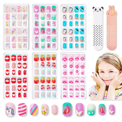 Picture of Modelones Press on Nails for Kids 144Pcs 6 Pack Children Girls Toys 8-10 Acrylic Fake Nails Pre-glue Full Cover Glitter Gradient Color Butterfly Unicorn Short False Nail Kits Sets Christmas Gifts
