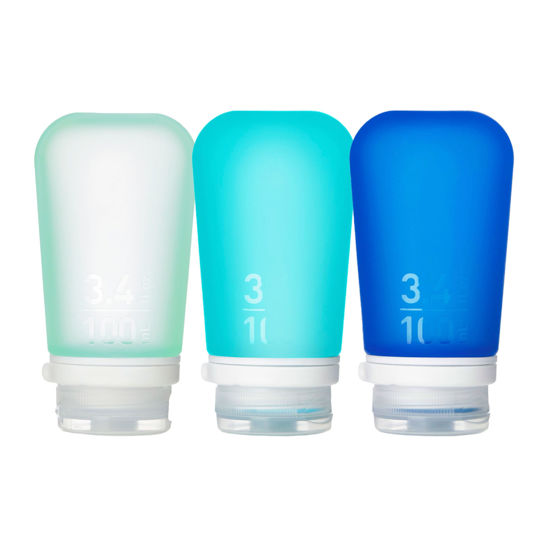 Picture of humangear GoToob+ 3-Pack (Large) | Refillable Silicone Travel Bottle | Locking Lid | Food-Safe Material | Mint/Aqua/Teal, Large (3.4 fl.oz.; 100ml)