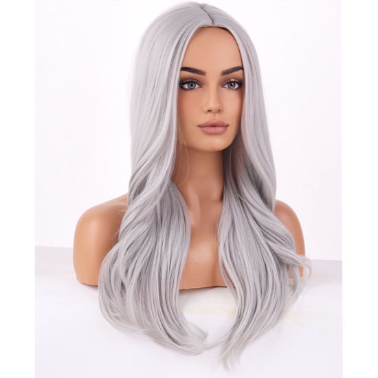 Picture of BERON Silver Wigs Long Wavy Wig for Women Natural Curly Gray Heat Resistant Synthetic Hair Wigs for Cosplay Party Daily or Used