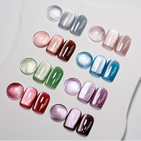 Picture of MIZHSE Cat Eye Gel Nail Polish, 8 Colors Ceramic Magnetic Gel Polish Set with Magnet Stick, Crystal Shimmer Silver Brown Green Purple Colors Nail Gel Soak Off Nail Art Salon Home Gift for Women