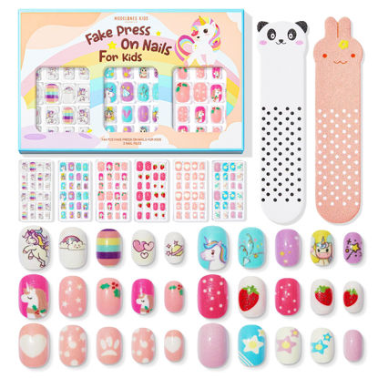 Picture of Modelones Press on Nails for Kids 144Pcs 6 Pack Children Acrylic Fake Nails Pre-glue Full Cover Glitter Gradient Color Starts Unicorn Short False Nail Art Kits Sets Christmas Gifts for Kids Girls