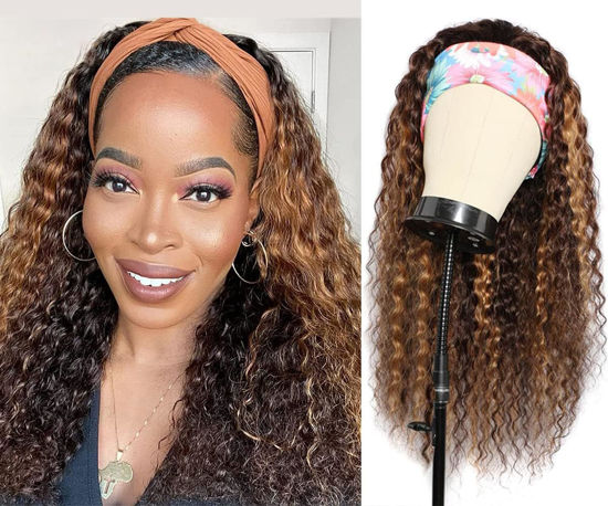 Picture of WENYAN Omber Headband Wig Human Hair Deep Wave #4/27 Highlight Curly Headband Wigs for Black Women Human Hair Glueless None Lace Front Wig Brazilian Virgin Hair Wear and Go Wigs 16Inch 150% Density