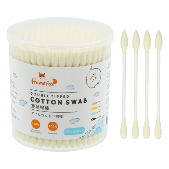 Picture of HOMEFOX Yellow Cotton Swabs Precision Pointed - 200 Count Pointy Organic Cotton Bud Double Side Tightly Wrapped Cotton Tips Paper Stick Soft Gentle Lint-Free Cruelty-Free Pointy & Round (Lemon Yellow)