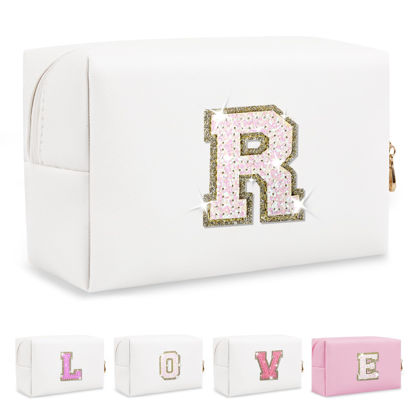 Picture of Small Initial Patch Makeup Bag Personalized Gifts Make Up Bag,White Cute PU Leather Glitter Letter Cosmetic Bag with Zipper,Trendy Portable Travel Toiletry Pouch,Preppy Stuff for Teen Girls Women R