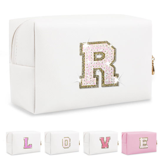 Picture of Small Initial Patch Makeup Bag Personalized Gifts Make Up Bag,White Cute PU Leather Glitter Letter Cosmetic Bag with Zipper,Trendy Portable Travel Toiletry Pouch,Preppy Stuff for Teen Girls Women R