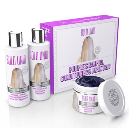 Picture of Purple Shampoo, Conditioner & Mask Trio Gift Set. Removes Brassy Yellow Tones. Lightens Blonde, Platinum, Ash, Silver & Grays. Paraben & Sulfate Free. PETA Approved Cruelty-free and 100% Vegan.
