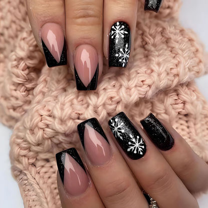 Picture of Black Christmas Press on Nails Winter Snowflake Fake Nails Medium Coffin Acrylic Glue on Nails with White Snowflake Glitters Designs Christmas Manicure False Nails for Women Nail Art Decoration 24Pcs