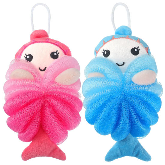 Picture of 2 Pcs Bath Loofahs Kids Toddler Body Loofahs Cute Cartoon Kids Loofah Kid Bath Sponges Loofah Bath Pouf Body Scrubber Mesh Loofah Sponges for Children Shower Washing Exfoliating (Mermaid)