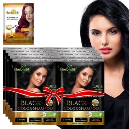 Picture of Herbishh Natural Hair Dye Shampoo with Argan Mask - Long-Lasting Color for Gray Hair - Travel Size, 10+1 Pack, Ammonia-Free (Black)