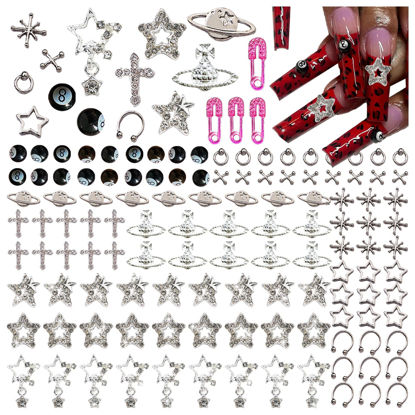 Picture of BBATT-HAPPY 134PCS Nail Charms for Acrylic Nails,Silver Star Planet Cross Punk Pink Pin Billiards Nail Art Accessories,Nail Jewels for Nail Art Supplies Craft DIY