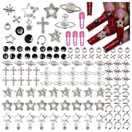 Picture of BBATT-HAPPY 134PCS Nail Charms for Acrylic Nails,Silver Star Planet Cross Punk Pink Pin Billiards Nail Art Accessories,Nail Jewels for Nail Art Supplies Craft DIY