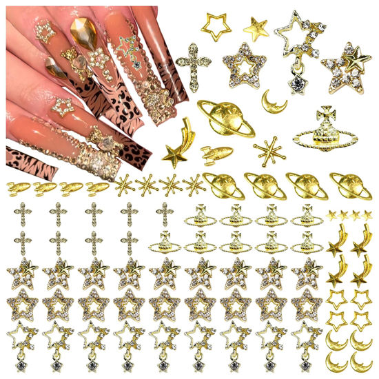 Picture of BBATT-HAPPY 85PCS Star Nail Charms for Acrylic Nails,Gold Star Planet Cross Alloy Nail Art Decoration, Nail Stones Nail Jewels Accessories for Nail Art Supplies Manicure Craft DIY