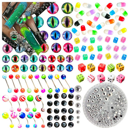 Picture of BBATT-HAPPY 240PCS Nail Charms for Acrylic Nails，Junk Nail Theme Eye Pill Puncture Dice Billiards Silver Half Round Pearl Nail Decorations ，Nail Accessories for Nail Art Supplies Manicure DIY