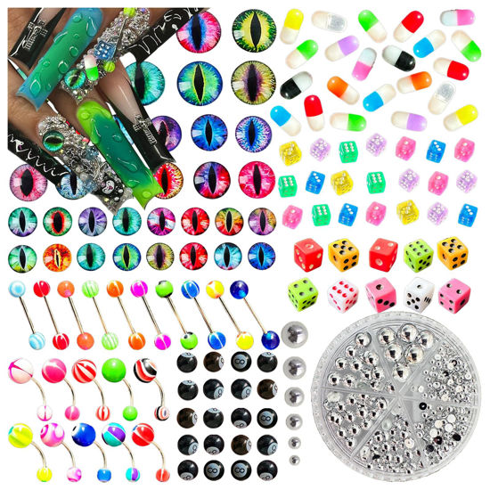 Picture of BBATT-HAPPY 240PCS Nail Charms for Acrylic Nails，Junk Nail Theme Eye Pill Puncture Dice Billiards Silver Half Round Pearl Nail Decorations ，Nail Accessories for Nail Art Supplies Manicure DIY