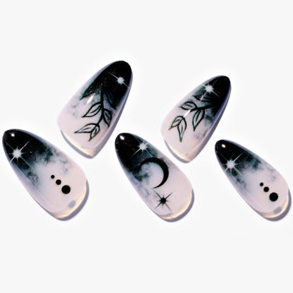 Picture of GLAMERMAID Press on Nail Medium Almond, Winter Gothic Black Ombre French Tip Gel Glue on Nail, 24Pcs Glossy Short Stiletto Reusable UV Finish Fake Nails Acrylic False Nails Manicure Kits for Women