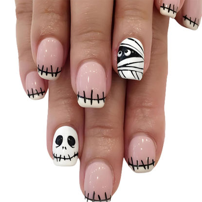 Picture of Halloween Nails Square Press on Nails Short Fake Nails Acrylic Glue on Nails Short Glossy False Nails with Skull Mummy Designs Cute Halloween Nails Full Cover Stick on Nails for Women