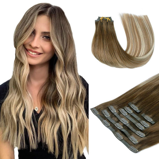 Picture of HOTBANANA Clip in Hair Extensions 14 inch 130g 7pcs Walnut Brown to Ash Brown and Bleach Blonde Clip in Remy Human Hair Extensions Straight Hair Invisi Edge Clip Hair Full Head