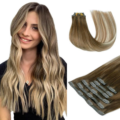 Picture of HOTBANANA Clip in Hair Extensions 22 inch 150g 7pcs Walnut Brown to Ash Brown and Bleach Blonde Clip in Remy Human Hair Extensions Straight Hair Invisi Edge Clip Hair Full Head