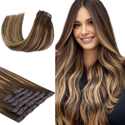 Picture of HOTBANANA Clip in Hair Extensions 14 inch 130g 7pcs Chocolate Brown mixed Caramel Blonde Clip in Remy Human Hair Extensions Straight Hair Invisi Edge Clip Hair Full Head