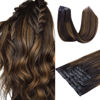 Picture of HOTBANANA Clip in Hair Extensions 14 inch 130g 7pcs Dark Brown Mixed Chestnut Brown Clip in Remy Human Hair Extensions Straight Hair Invisi Edge Clip Hair Full Head