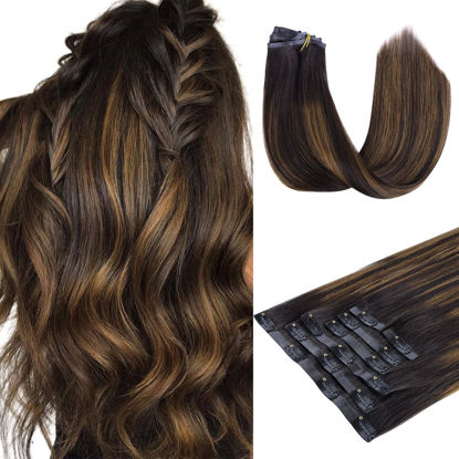 Picture of HOTBANANA Clip in Hair Extensions 14 inch 130g 7pcs Dark Brown Mixed Chestnut Brown Clip in Remy Human Hair Extensions Straight Hair Invisi Edge Clip Hair Full Head