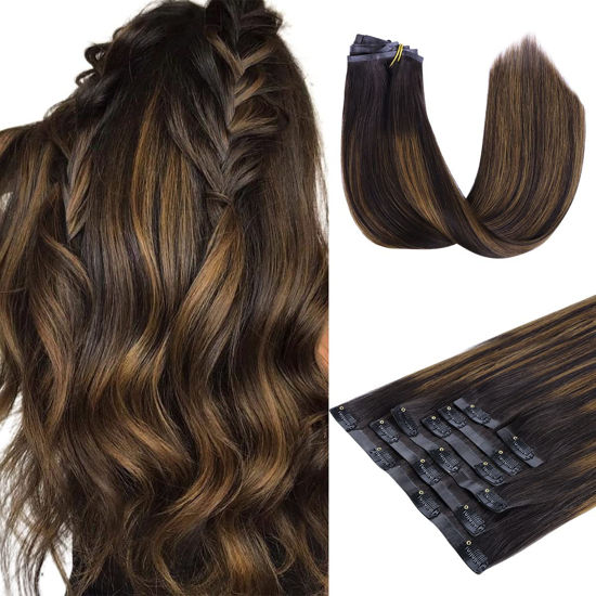 Picture of HOTBANANA Clip in Hair Extensions 18 inch 130g 7pcs Dark Brown Mixed Chestnut Brown Clip in Remy Human Hair Extensions Straight Hair Invisi Edge Clip Hair Full Head