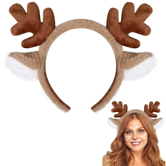 Picture of TEBIEKOY Christmas Deer Antlers Headband - Deer Costume for Women Adults Cute Deer Ears Head Band Fluffy Reindeer Antler Headbands Deer Costume for Christmas Halloween Cosplay Party