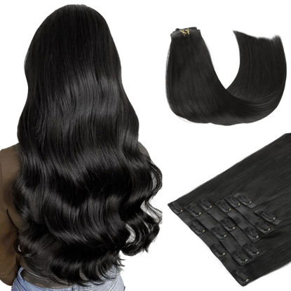 Picture of HOTBANANA Clip in Hair Extensions 20 inch 150g 7pcs Jet Black Clip in Remy Human Hair Extensions Straight Hair Invisi Edge Clip Hair Full Head