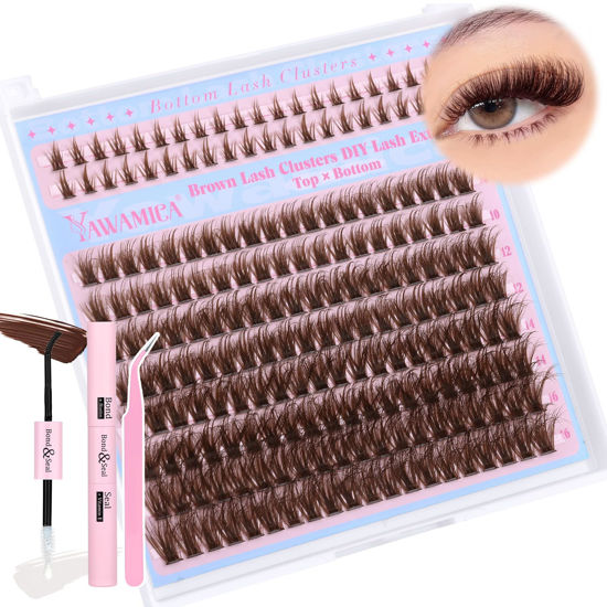 Picture of Yawamica Fluffy Brown Lash Clusters Kit Wispy Eyelash Extension Kit with Bottom Lashes 40D Volume Brown Eyelash Clusters 10-16mm Individual Lashes with Brown Bond and Seal and Lash Tweezers DIY Lash