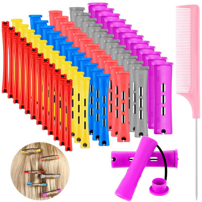 Picture of WILLBOND 48 Pieces Hair Perm Rods Short Cold Wave Rods Plastic Perming Rods Hair Curling Rollers Curlers with Steel Pintail Comb Rat Tail Comb for Hairdressing Styling(6 Sizes,6 Colors)