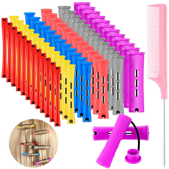 Picture of WILLBOND 48 Pieces Hair Perm Rods Short Cold Wave Rods Plastic Perming Rods Hair Curling Rollers Curlers with Steel Pintail Comb Rat Tail Comb for Hairdressing Styling(6 Sizes,6 Colors)