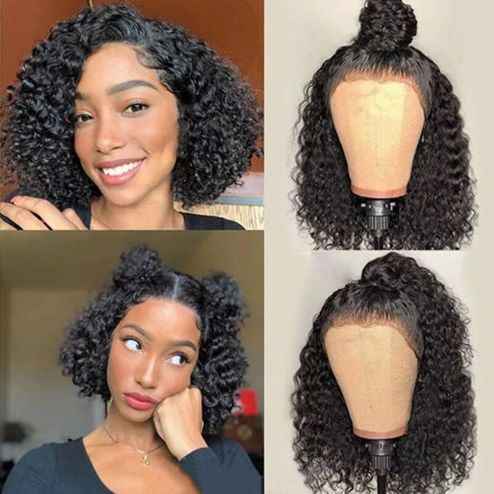 Picture of Short Bob Wig Human Hair 13x4 Frontal Lace Wig Curly Bob Wigs for Black Women 150% Density Bleached Knots Glueless HD Lace Front Wigs Human Hair Pre Plucked with Baby Hair Natural Hairline (10 Inch)