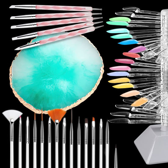 Picture of Nail Art Brush Pro Set AUOCATTAIL Nail Art Design Tool Kit with Resin Palette, Rotating Nail Art Display Stand, 2-Way Acrylic Silicone Dotting Pen Tool Nail Art Supplies Accessories for Manicure green