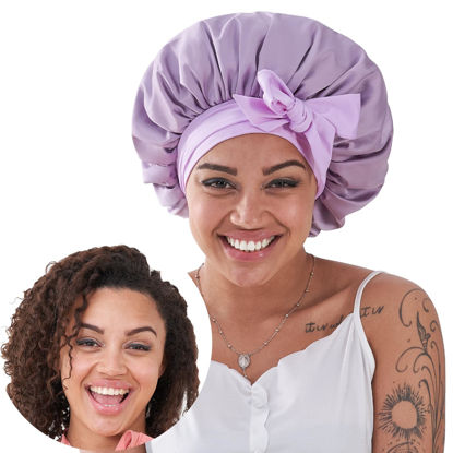 Picture of KAAHYNNO Bonnet for Sleeping Hair: Silk Satin Sleep Women Night Wrap Cap Hat for Straight Wavy Curly Coily Kinky Natural Hair Head by Tie Band - Lavender Purple