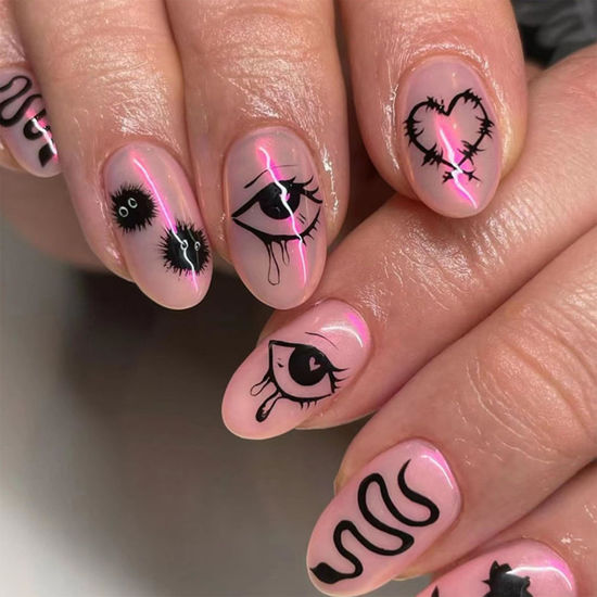 Picture of Halloween Press on Nails Short Oval Fake Nails Press ons Chrome Pink False Nails with Designs Heart Snake Glossy Full Cover Acrylic Glue on Nails Artificial Stick on Nails for Women Decoration 24Pcs