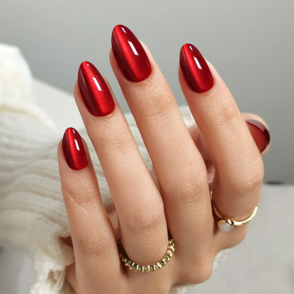 Picture of SHANGMENG Valentines Press on Nails Almond - Soft Gel Red Cat Eye Press on Nails Short for Women Gift, Fit Perfectly & Natural Stick on Nails with Glue in 16 Sizes - 32 Reusable Fake Nails, Wine Red