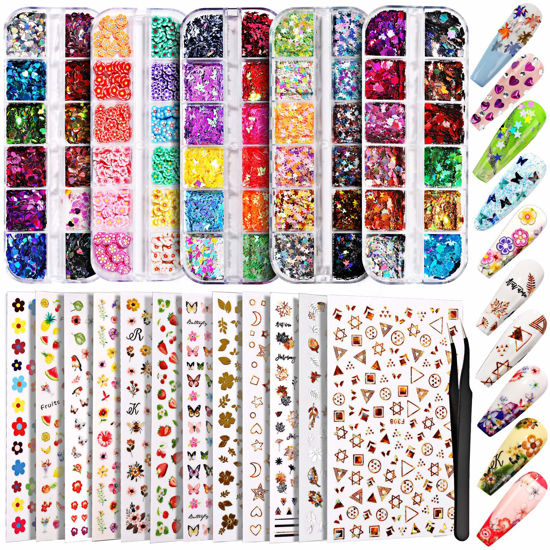 Picture of Teenitor 12 Sheets Nail Art Sticker 3D Self-Adhesive, Nail Art Decoration with 5 Boxes Holographic Nail Art Glitter Flakes Butterfly Heart Star Maple Leaf Nail Sequins and Nail Art Flower Slices