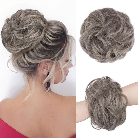 Picture of FESHFEN Messy Bun Hair Piece - Large Wavy Curly Elastic Hair Bun Scrunchies Ponytail Extensions Synthetic Chignon Hairpieces for Women, Salt and Pepper 1.94oz