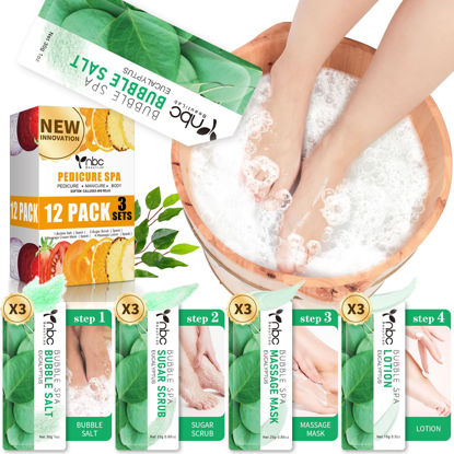 Picture of nbc BeautiLab Pedicure Kit Foot Soak Set: Bubble Salt, Sugar Scrub, Massage Mask, Massage Lotion in a Box, 4 Step Foot Spa Kit for Dry Feet,Tired Feet（3 Set Eucalyptus)