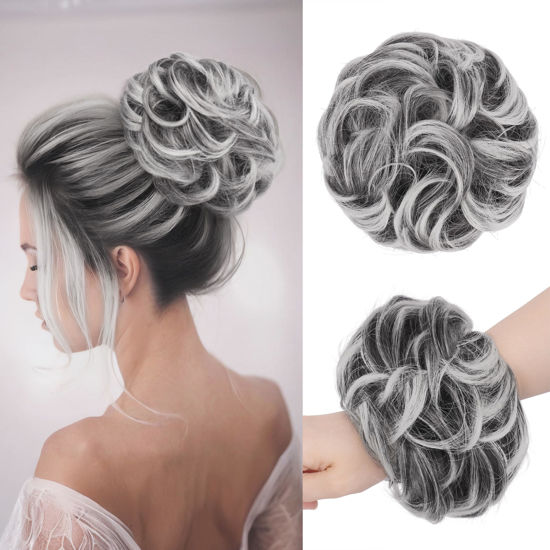 Picture of FESHFEN Messy Bun Hair Piece - Large Wavy Curly Elastic Hair Bun Scrunchies Ponytail Extensions Synthetic Chignon Hairpieces for Women, Black with White Tips 1.94oz