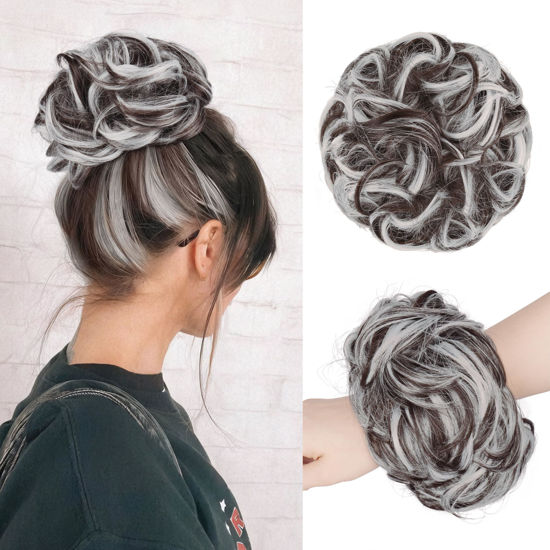 Picture of FESHFEN Messy Bun Hair Piece - Large Wavy Curly Elastic Hair Bun Scrunchies Ponytail Extensions Synthetic Chignon Hairpieces for Women, Brown Gray Mix 1.94oz